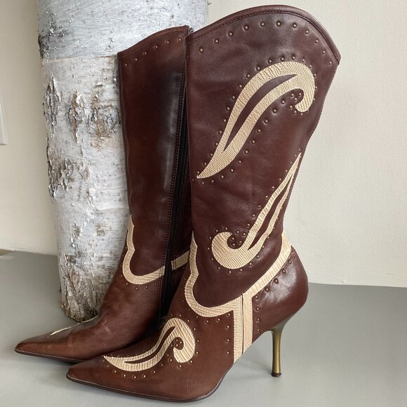 Call It Spring Shoes - Vintage Spring Leather Stiletto Western Boots Sz 7.5-8